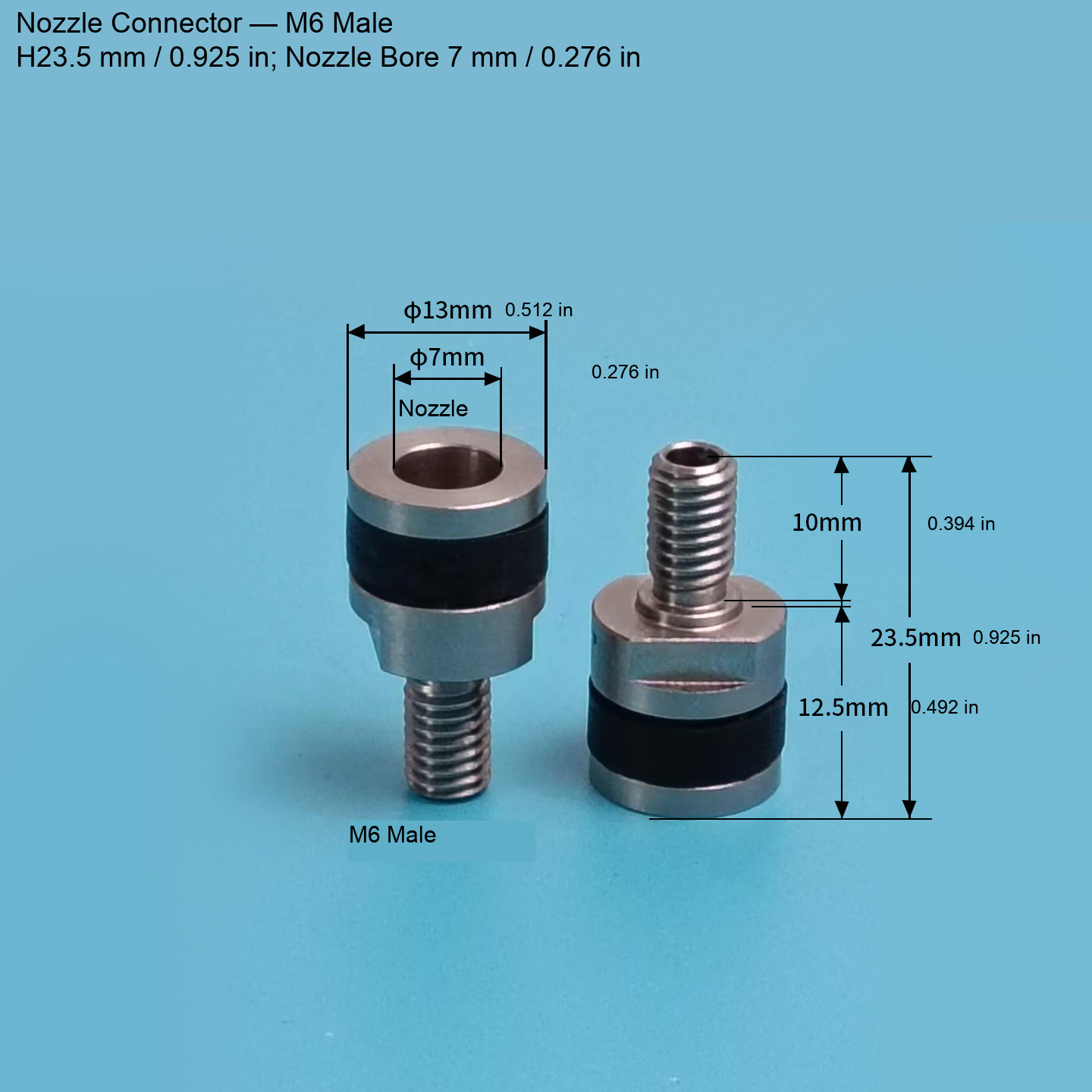 Nozzle Connector — M6 Male, H23.5 mm / 0.925 in, Nozzle Bore 7 mm / 0.276 in