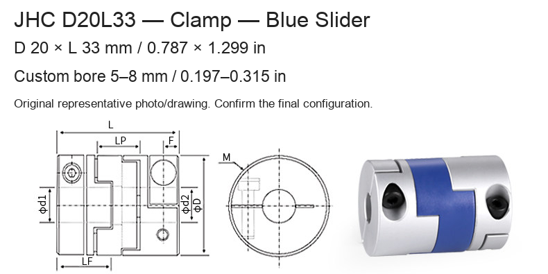 JHC D20L33 Blue / 20 × 33 mm (0.787 × 1.299 in) / Bore 5–8 mm (0.197–0.315 in)
