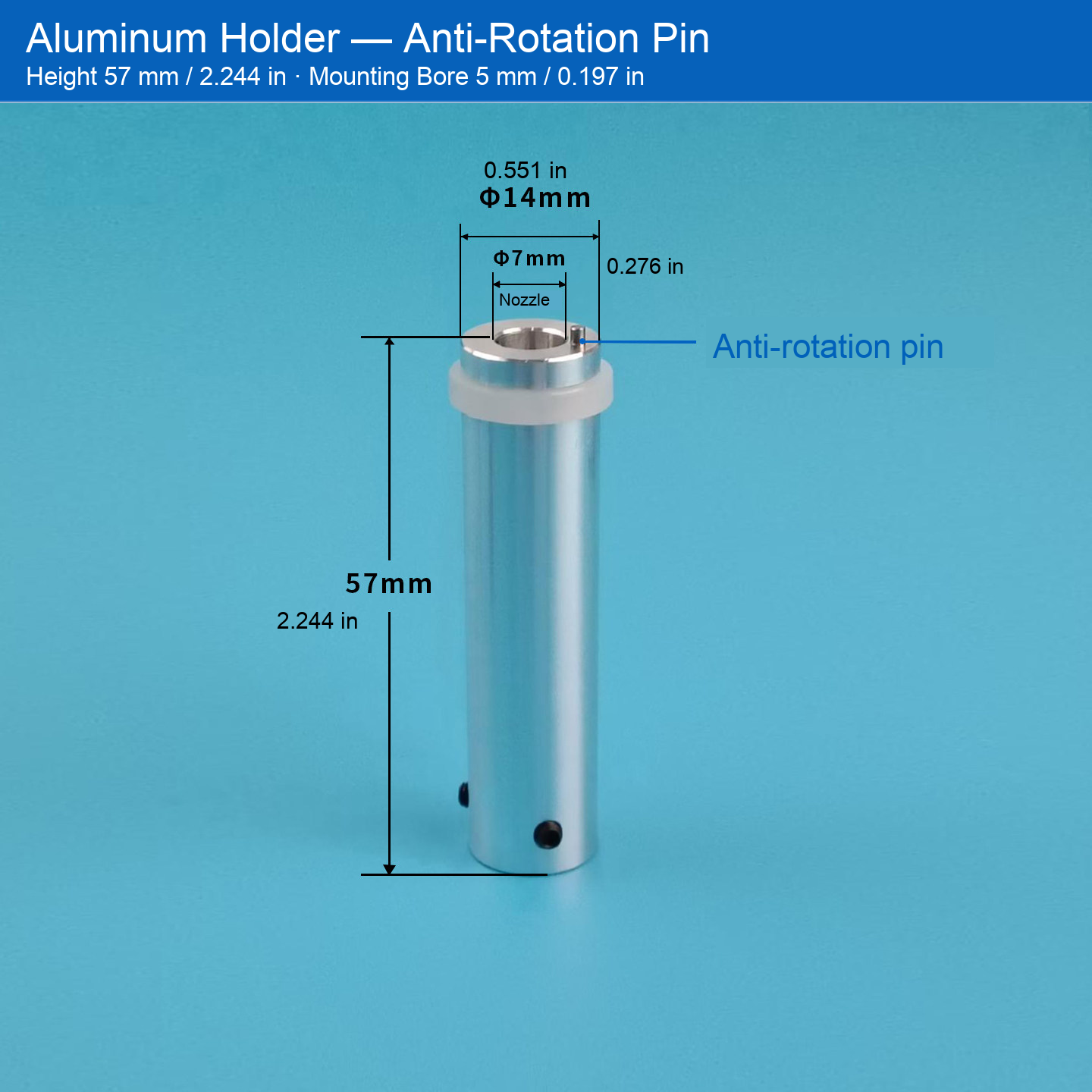 Holder Only — H57 mm / 2.244 in, Bore 5 mm / 0.197 in