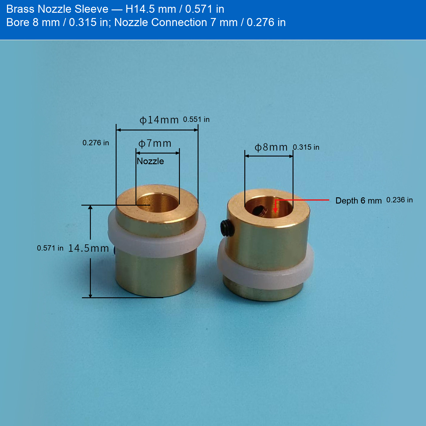 Brass Sleeve — H14.5 mm / 0.571 in, Bore 8 mm / 0.315 in