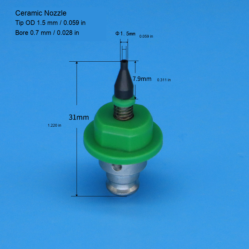 Ceramic and steel-tip SMT nozzle original dimensions 3: original product photograph in English