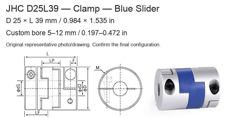 JHC D25L39 Blue / 25 × 39 mm (0.984 × 1.535 in) / Bore 5–12 mm (0.197–0.472 in)