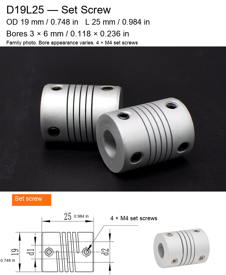 D19L25 / Set Screw / Bore 3 × 6 mm (0.118 × 0.236 in)