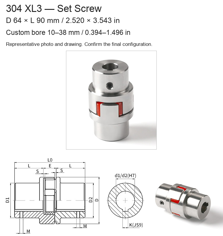 XL3 Set Screw / D64 × L90 mm (2.520 × 3.543 in) / Bore 10–38 mm (0.394–1.496 in)