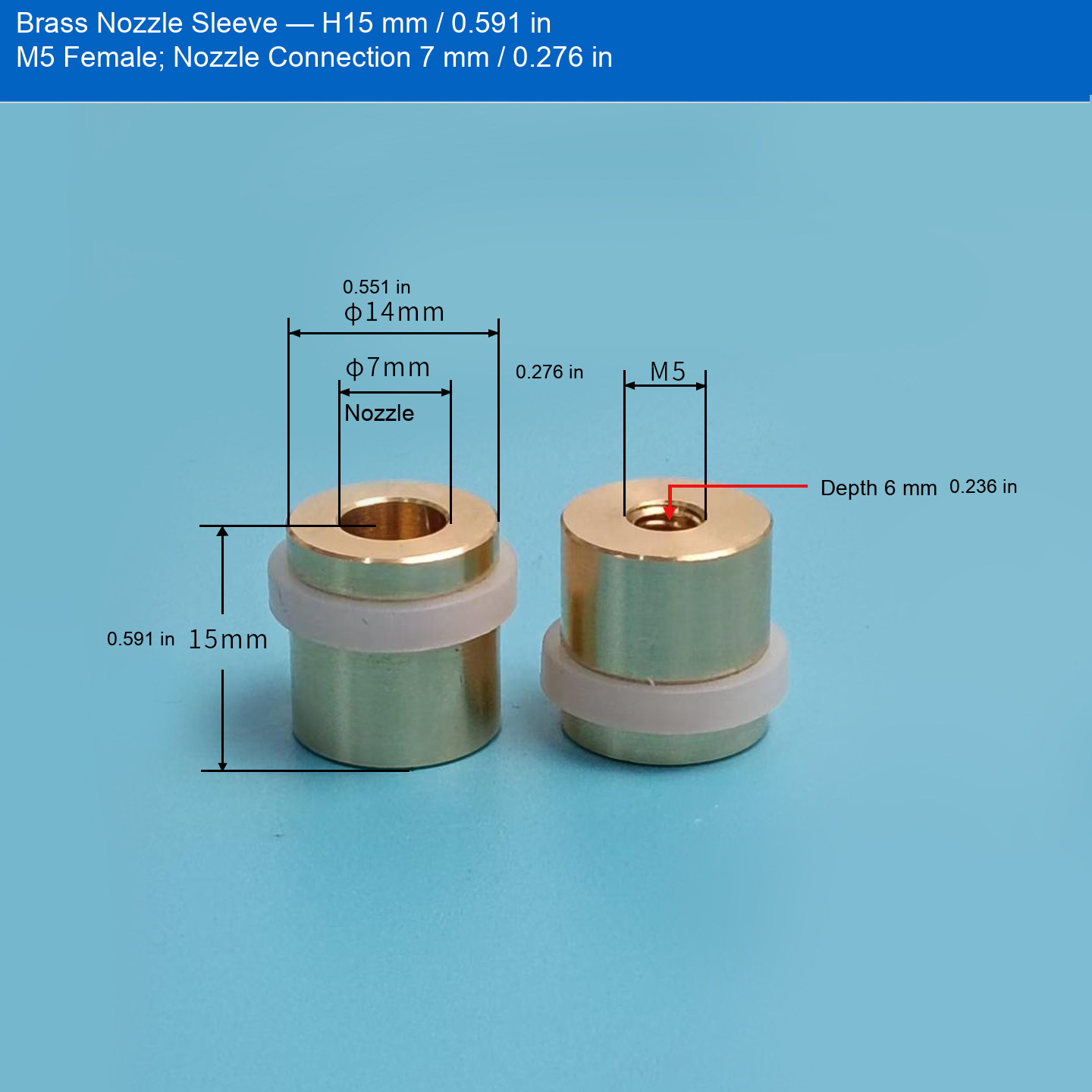 Brass Sleeve — H15 mm / 0.591 in, M5 Female