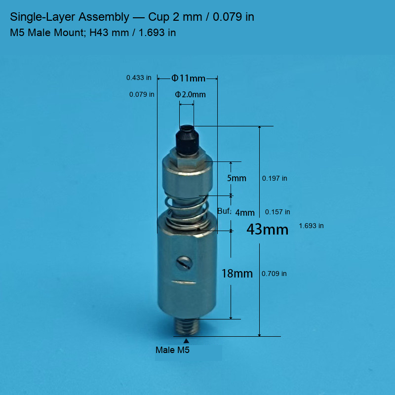 Single-Layer M5 Assembly — Cup 2 mm / 0.079 in, H43 mm / 1.693 in