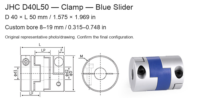 JHC D40L50 Blue / 40 × 50 mm (1.575 × 1.969 in) / Bore 8–19 mm (0.315–0.748 in)