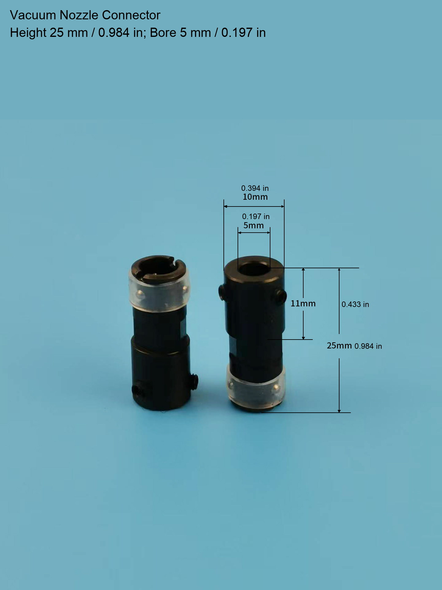 Connector — H25 mm / 0.984 in, Bore 5 mm / 0.197 in