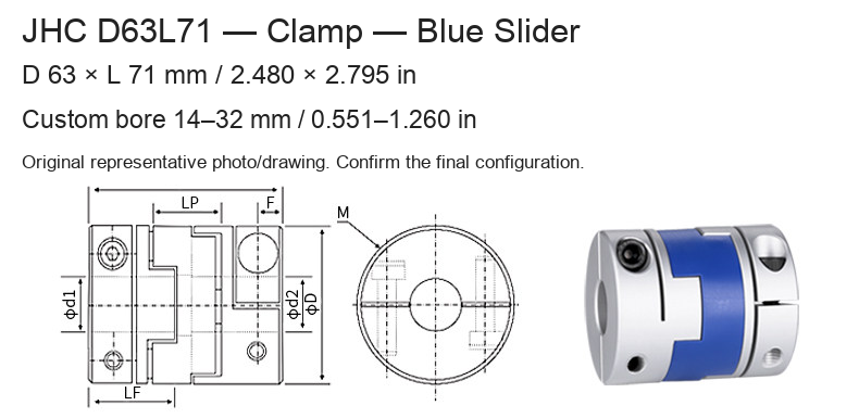 JHC D63L71 Blue / 63 × 71 mm (2.480 × 2.795 in) / Bore 14–32 mm (0.551–1.260 in)
