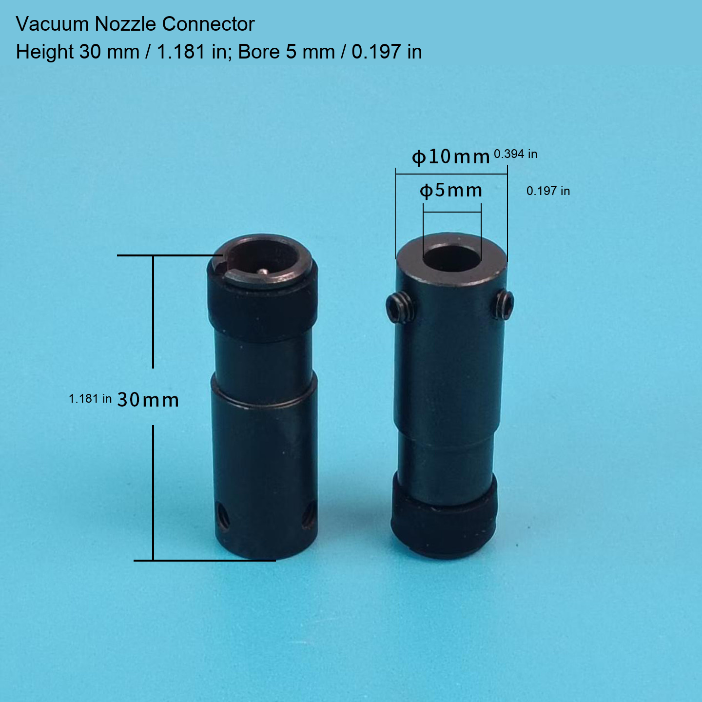 Connector — H30 mm / 1.181 in, Bore 5 mm / 0.197 in