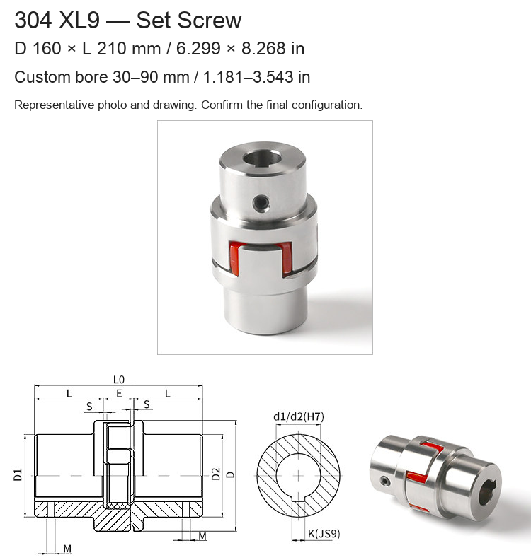 XL9 Set Screw / D160 × L210 mm (6.299 × 8.268 in) / Bore 30–90 mm (1.181–3.543 in)