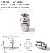 XL9 Set Screw / D160 × L210 mm (6.299 × 8.268 in) / Bore 30–90 mm (1.181–3.543 in)