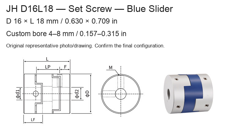 JH D16L18 Blue / 16 × 18 mm (0.630 × 0.709 in) / Bore 4–8 mm (0.157–0.315 in)
