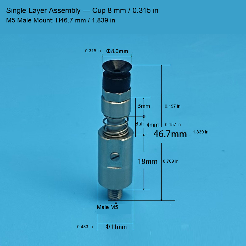 Single-Layer M5 Assembly — Cup 8 mm / 0.315 in, H46.7 mm / 1.839 in