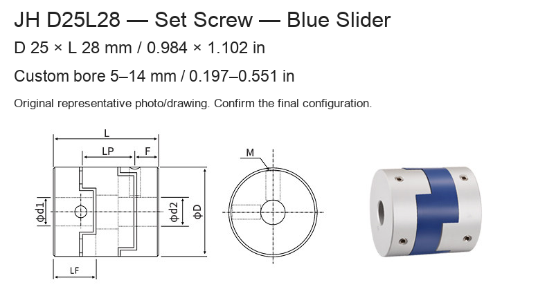 JH D25L28 Blue / 25 × 28 mm (0.984 × 1.102 in) / Bore 5–14 mm (0.197–0.551 in)