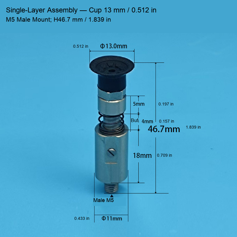 Single-Layer M5 Assembly — Cup 13 mm / 0.512 in, H46.7 mm / 1.839 in