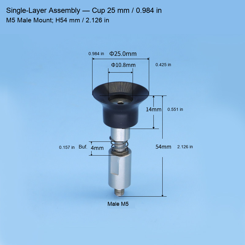 M5 male-mounted vacuum cup assemblies and source dimensions 21: original product photograph in English