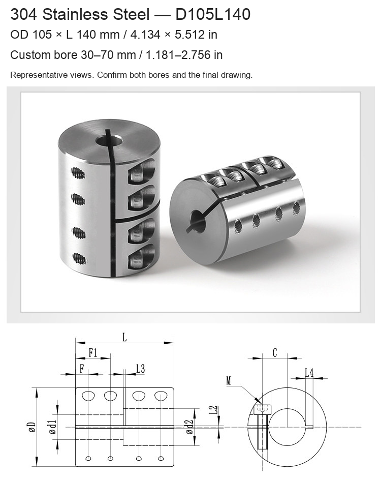 D105L140 / OD 105 × L 140 mm (4.134 × 5.512 in) / Bore 30–70 mm (1.181–2.756 in)