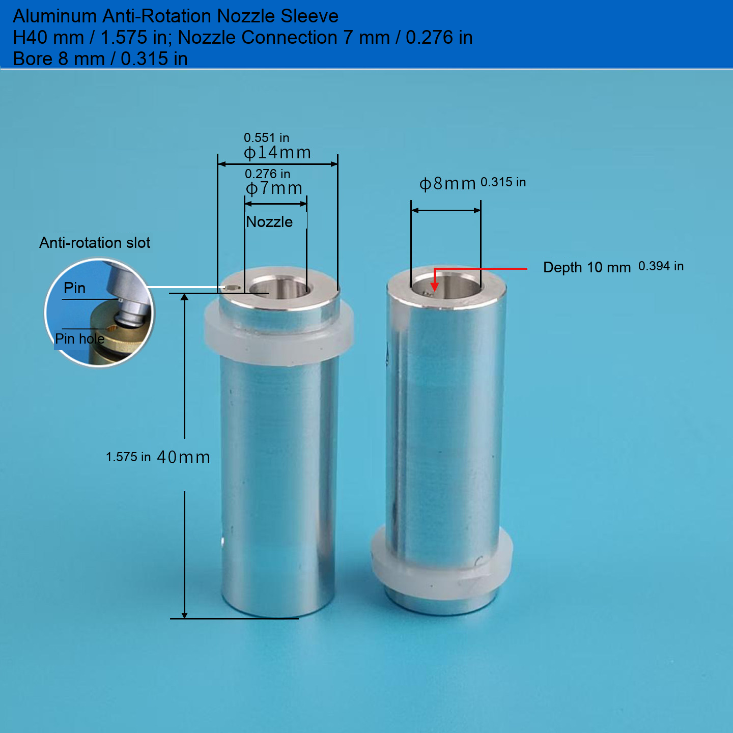 Aluminum Sleeve — H40 mm / 1.575 in, Bore 8 mm / 0.315 in
