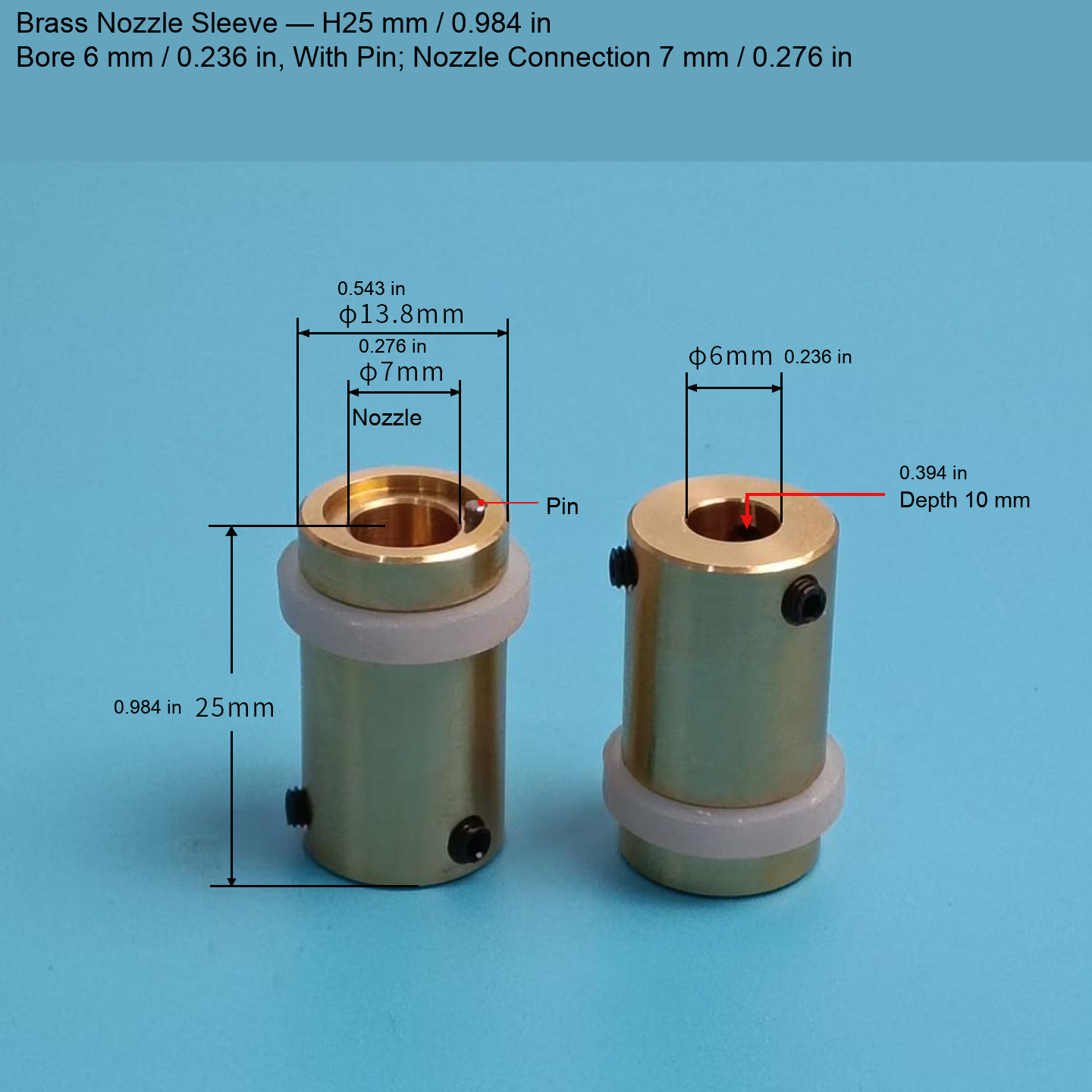 Brass Sleeve — H25 mm / 0.984 in, Bore 6 mm / 0.236 in, With Pin