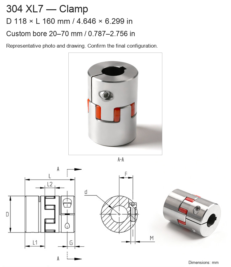 XL7 Clamp / D118 × L160 mm (4.646 × 6.299 in) / Bore 20–70 mm (0.787–2.756 in)