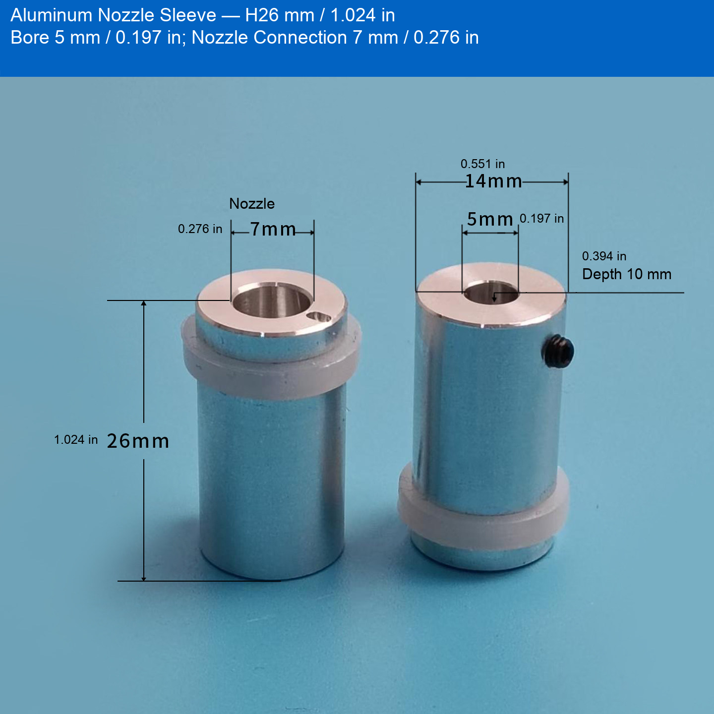 Aluminum Sleeve — H26 mm / 1.024 in, Bore 5 mm / 0.197 in