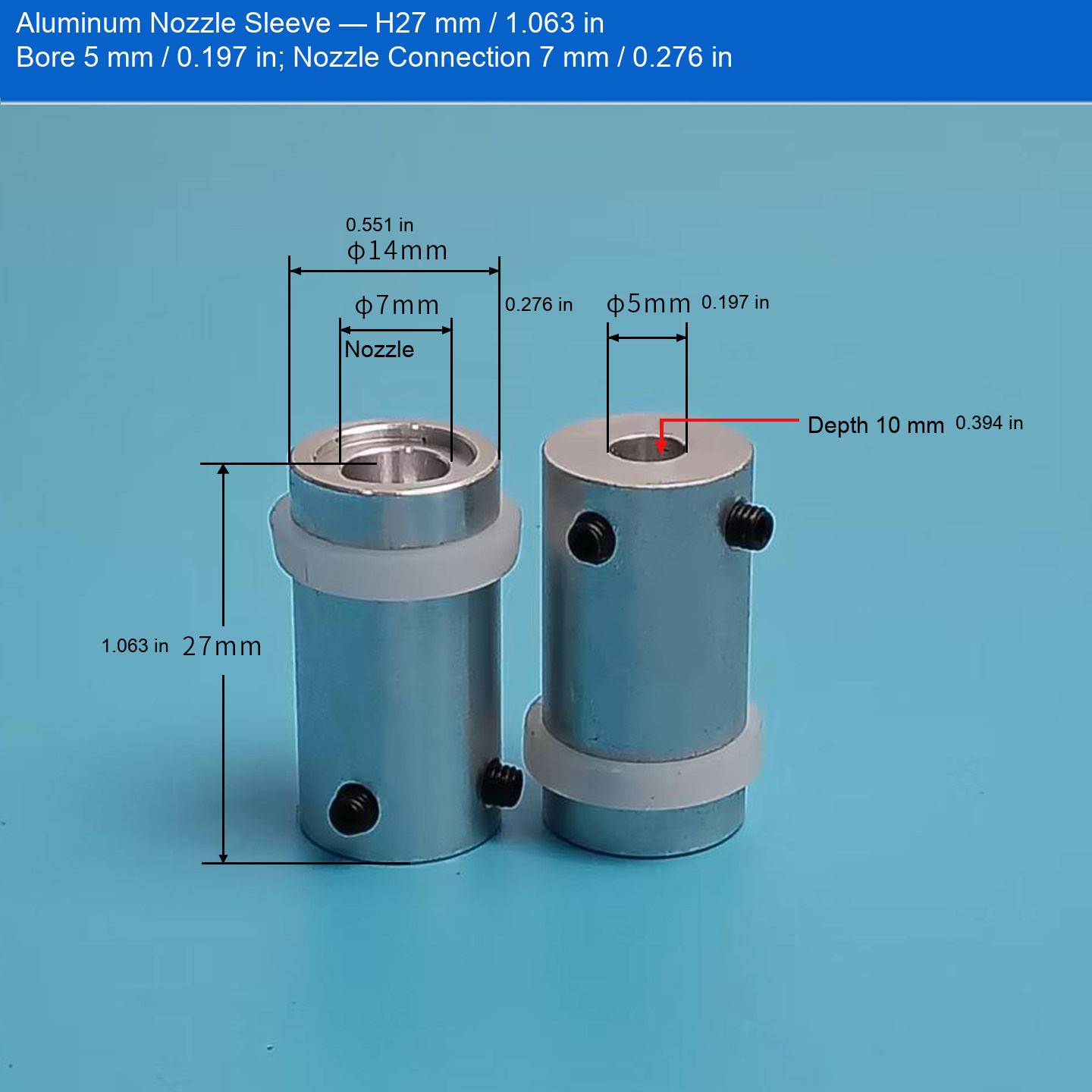 Aluminum Sleeve — H27 mm / 1.063 in, Bore 5 mm / 0.197 in