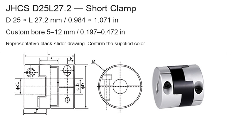 JHCS D25L27.2 / 25 × 27.2 mm (0.984 × 1.071 in) / Bore 5–12 mm (0.197–0.472 in)