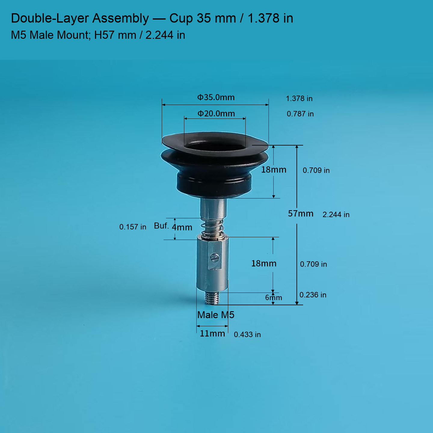 M5 male-mounted vacuum cup assemblies and source dimensions 28: original product photograph in English