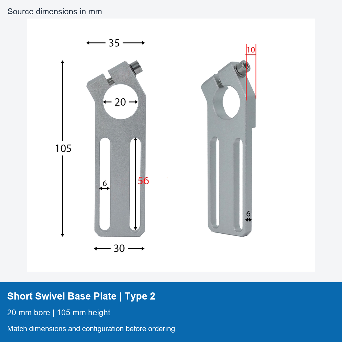 Short Swivel Base Plate | Type 2 | 20 mm bore | 105 mm height dimensional image