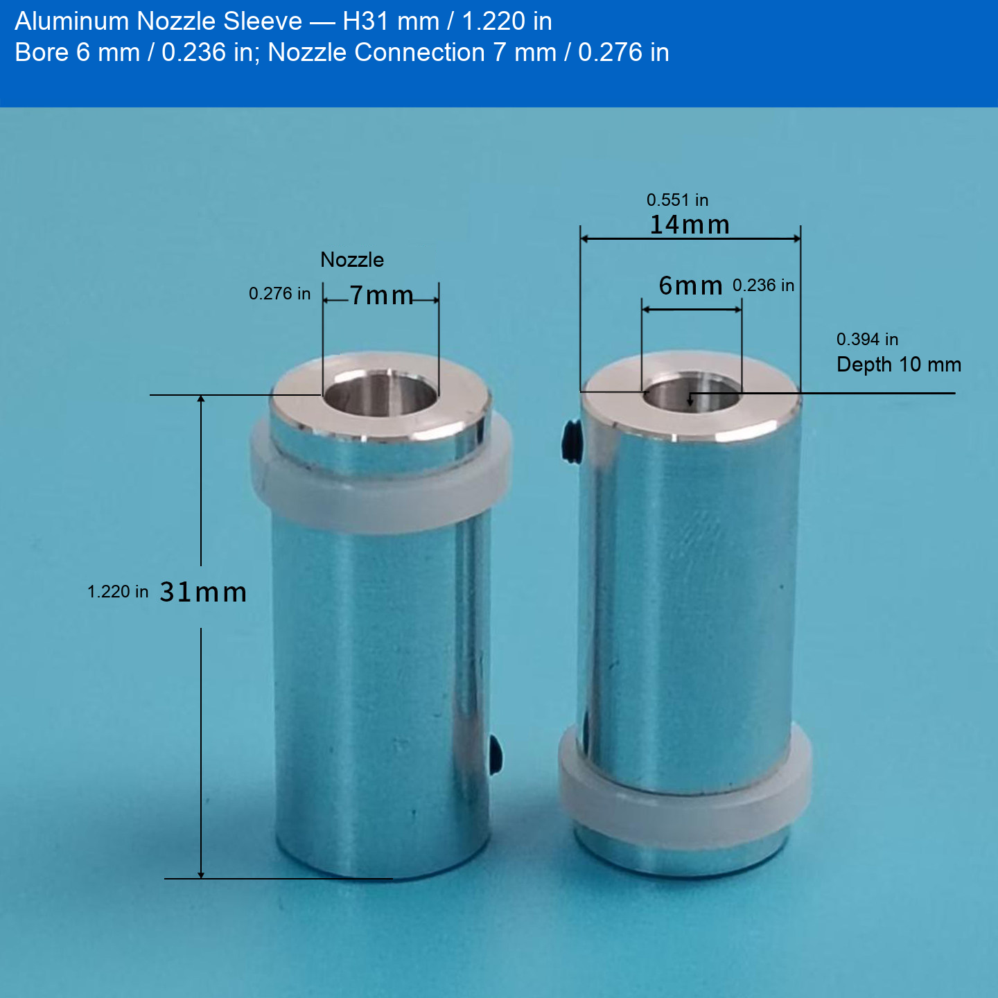 Aluminum Sleeve — H31 mm / 1.220 in, Bore 6 mm / 0.236 in
