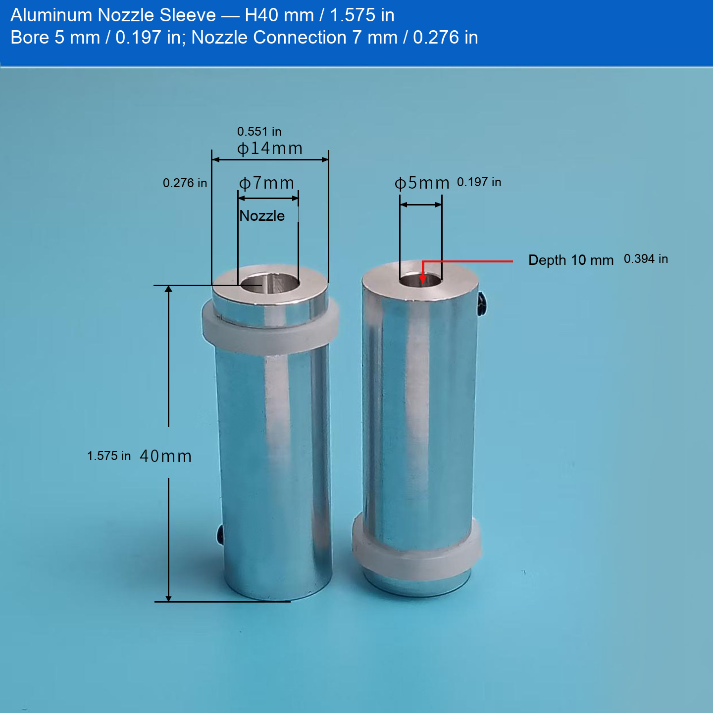 Aluminum Sleeve — H40 mm / 1.575 in, Bore 5 mm / 0.197 in