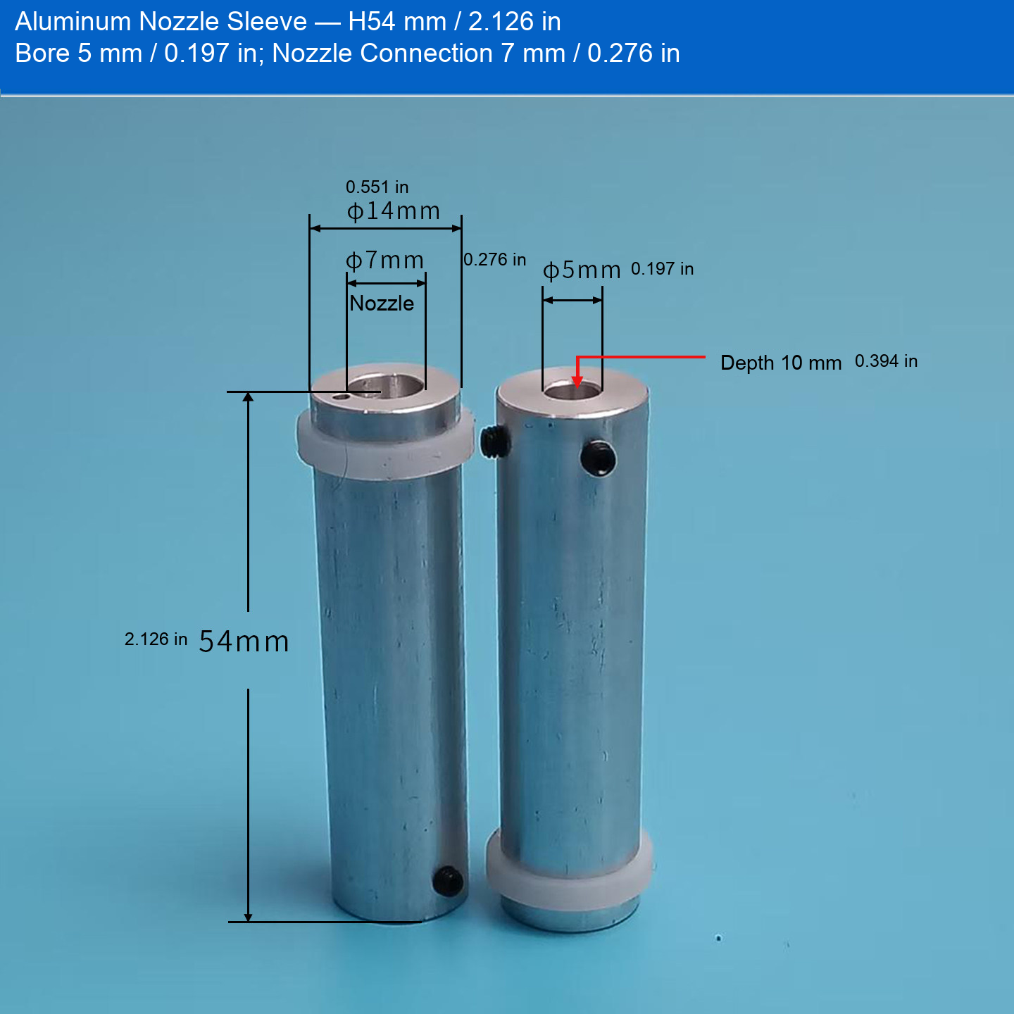 Aluminum Sleeve — H54 mm / 2.126 in, Bore 5 mm / 0.197 in