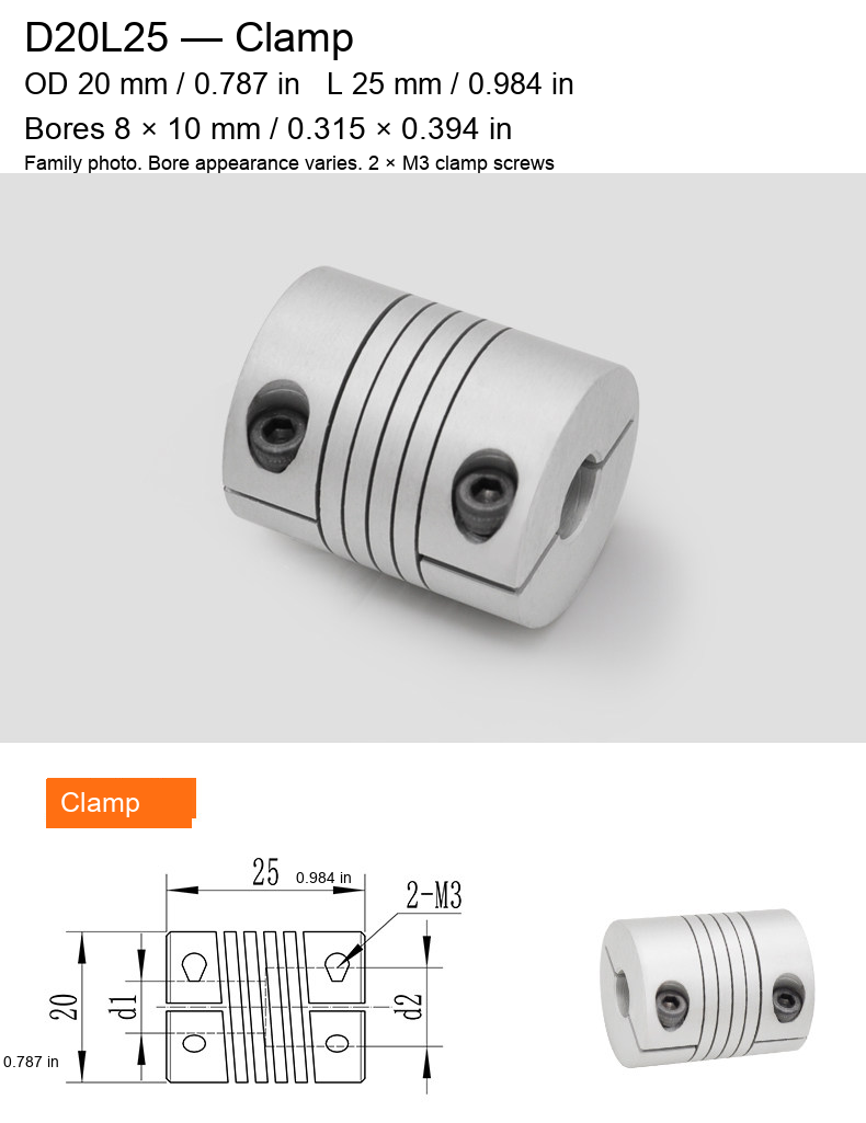 D20L25 / Clamp / Bore 8 × 10 mm (0.315 × 0.394 in)