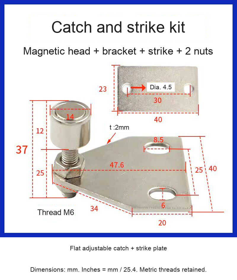 Flat adjustable catch + strike plate — original photograph and dimensions