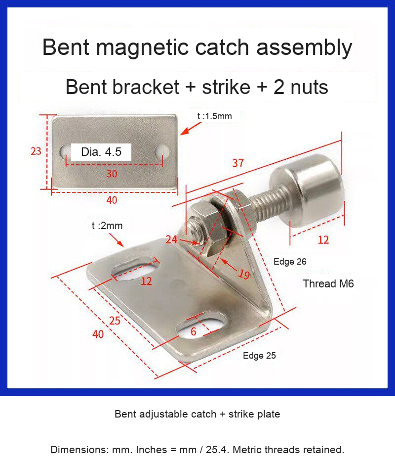 Bent adjustable catch + strike plate — original photograph and dimensions