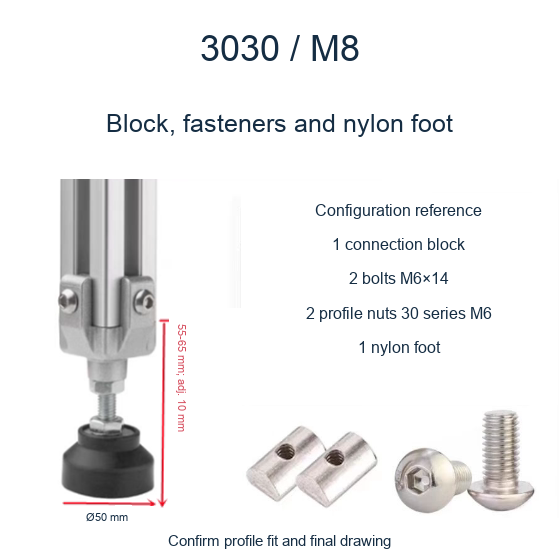 3030 M8 / Block, fasteners and nylon foot