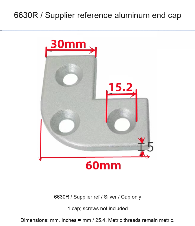 6630R / Supplier ref / Silver / Cap only — original end-cap photograph and dimensions