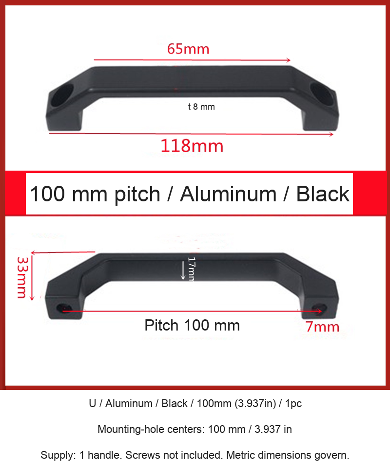 U / Aluminum / Black / 100mm (3.937in) / 1pc — source image and dimensional reference