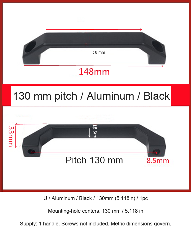 U / Aluminum / Black / 130mm (5.118in) / 1pc — source image and dimensional reference