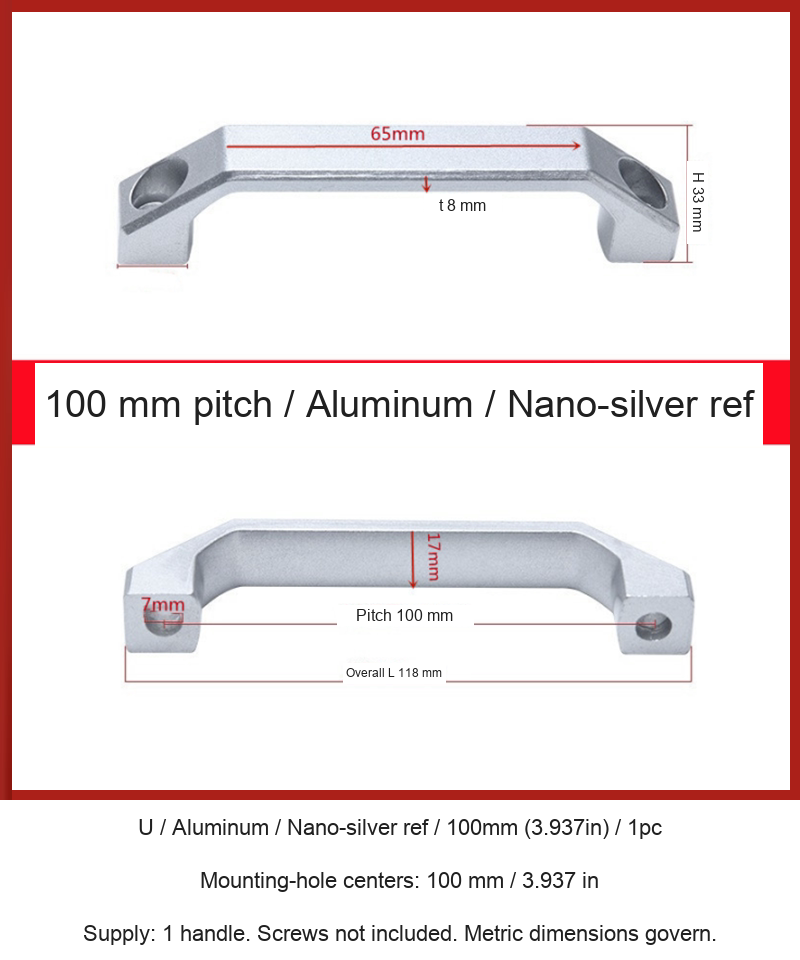 U / Aluminum / Nano-silver ref / 100mm (3.937in) / 1pc — source image and dimensional reference
