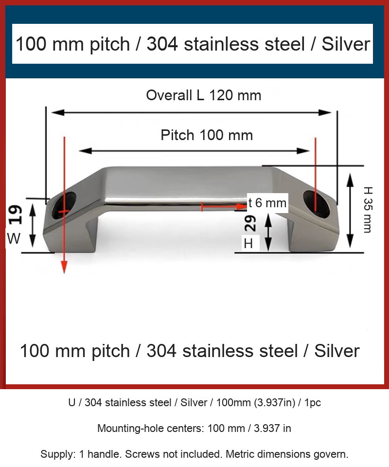 U / 304 stainless steel / Silver / 100mm (3.937in) / 1pc — source image and dimensional reference