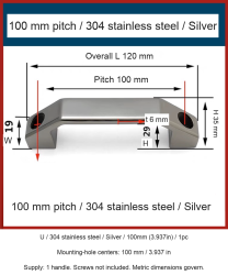 U / 304 stainless steel / Silver / 100mm (3.937in) / 1pc — source image and dimensional reference