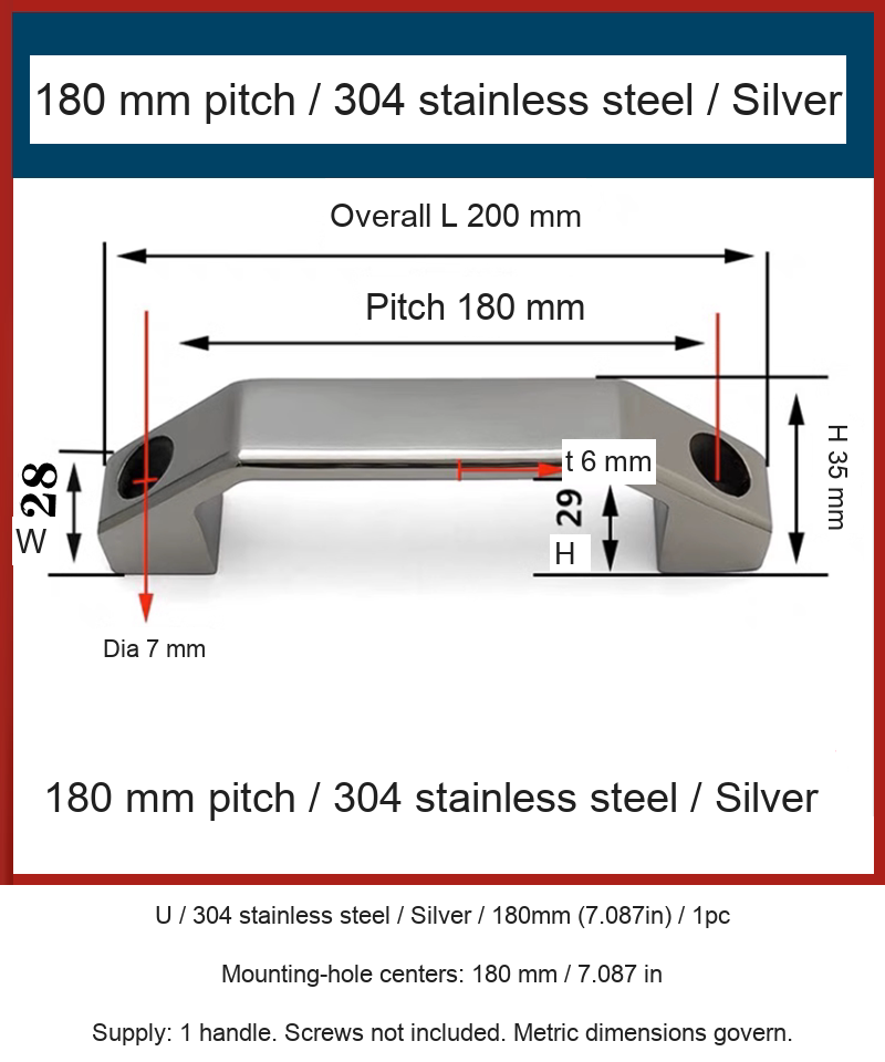 U / 304 stainless steel / Silver / 180mm (7.087in) / 1pc — source image and dimensional reference