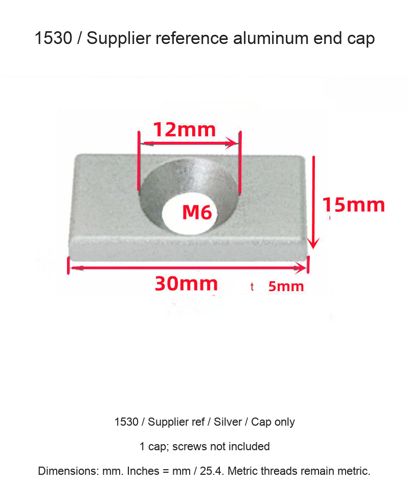 1530 / Supplier ref / Silver / Cap only — original end-cap photograph and dimensions