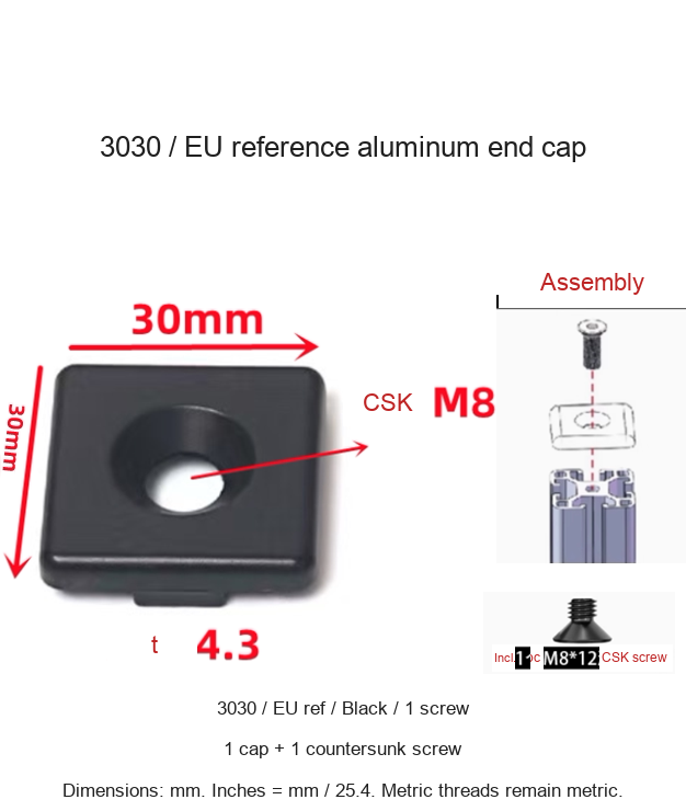 3030 / EU ref / Black / 1 screw — original end-cap photograph and dimensions