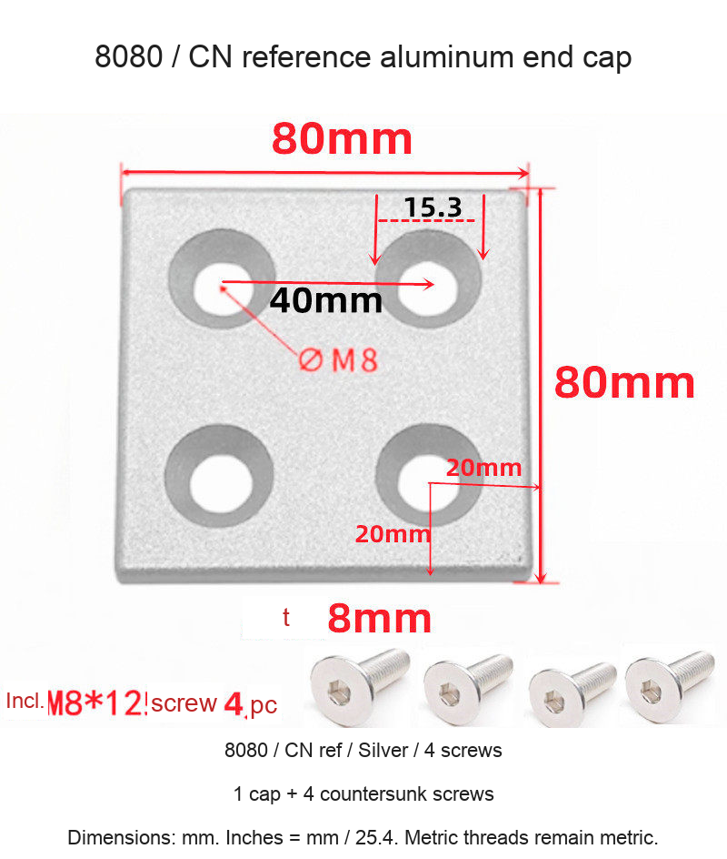 8080 / CN ref / Silver / 4 screws — original end-cap photograph and dimensions