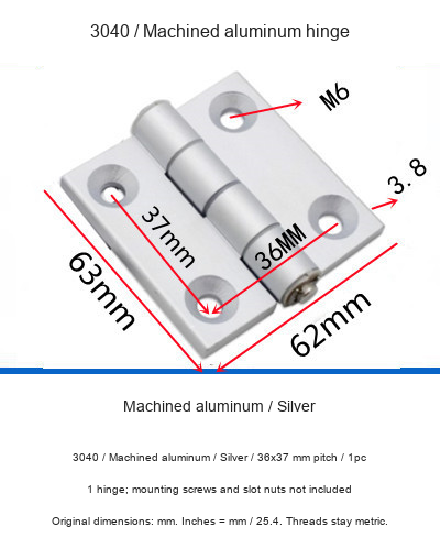 3040 / Machined aluminum / Silver / 36x37 mm pitch / 1pc — original photographs and dimensional reference