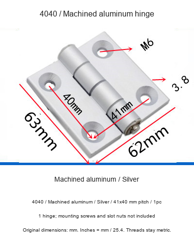 4040 / Machined aluminum / Silver / 41x40 mm pitch / 1pc — original photographs and dimensional reference