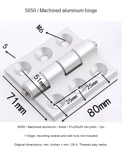 5050 / Machined aluminum / Silver / 51x25x25 mm pitch / 1pc — original photographs and dimensional reference